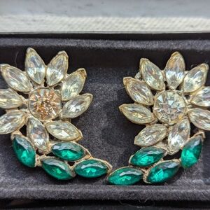 Vintage Crystal and Emerald Floral Shoe Clips